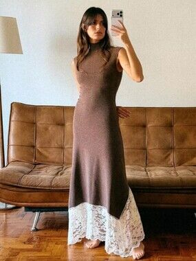 Zara LONG COMBINATION LACE DRESS Brown Size S